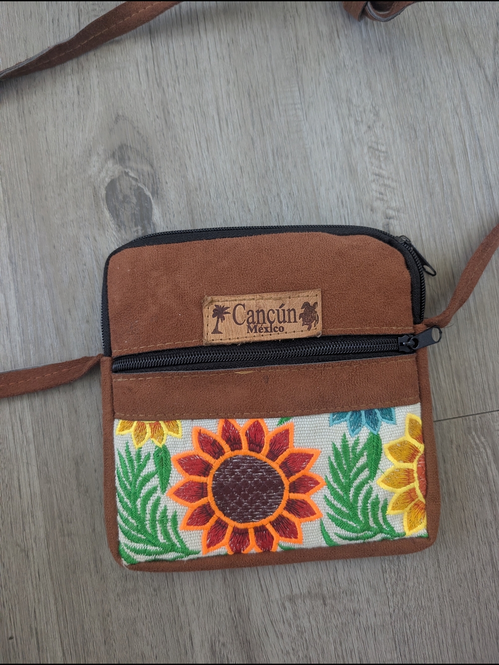 Brown Crossbody Bag with Floral Embroidery
